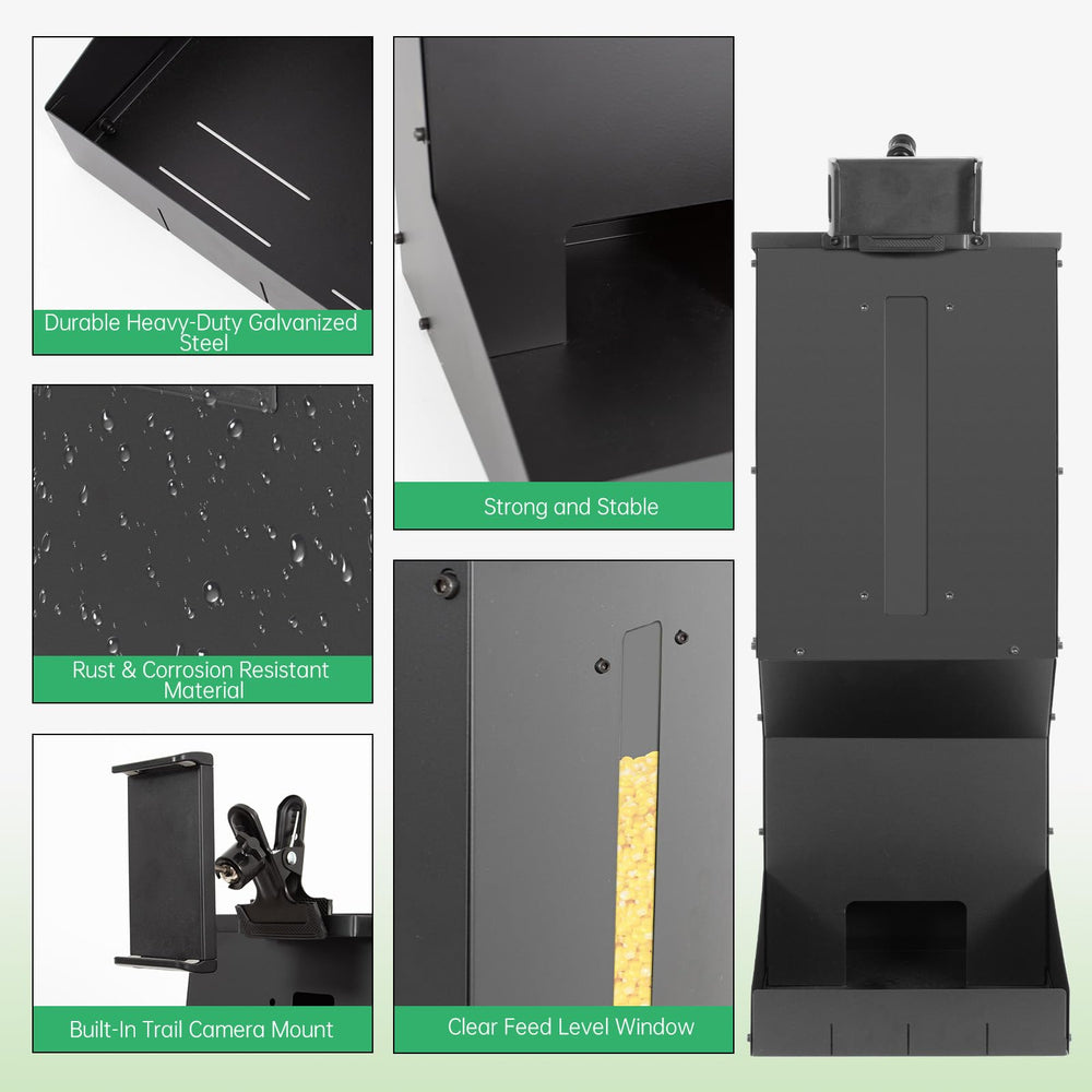 Automatic Metal Deer Feeder dispensing action showcases gravity-fed flow for consistent feeding