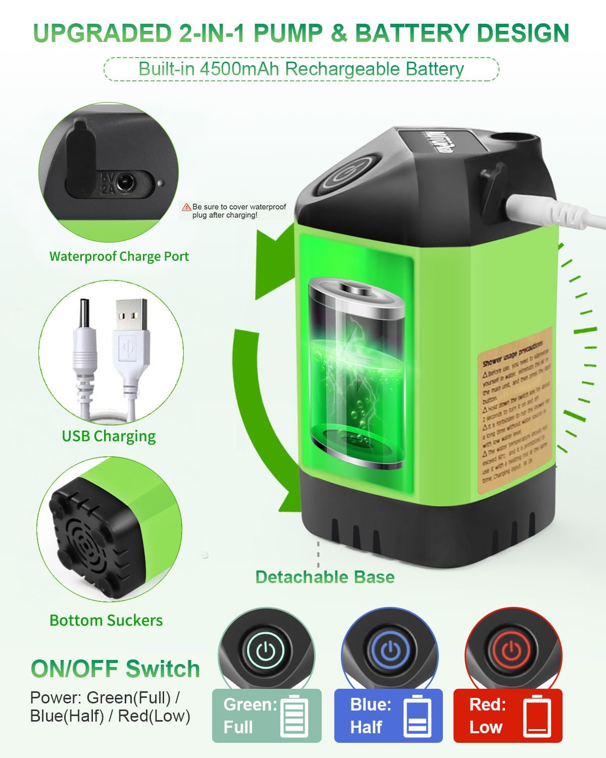 AUTOPkio camping shower battery-pack offers long-lasting power for extended use.