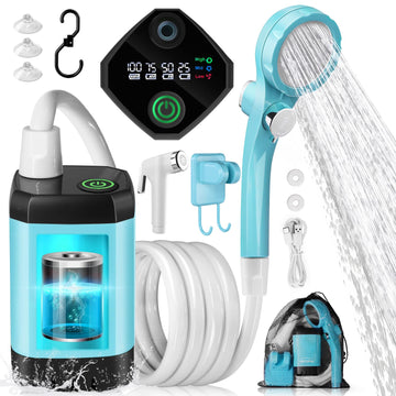 AUTOPkio portable camping shower battery indicator displays charge level for easy planning.