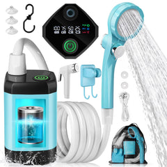 AUTOPkio portable camping shower battery indicator displays charge level for easy planning.
