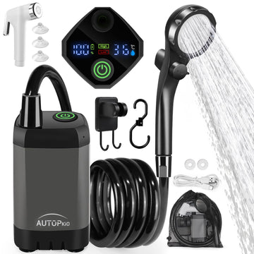 AUTOPkio portable camping shower pump shown with extended battery life for outdoor rinsing