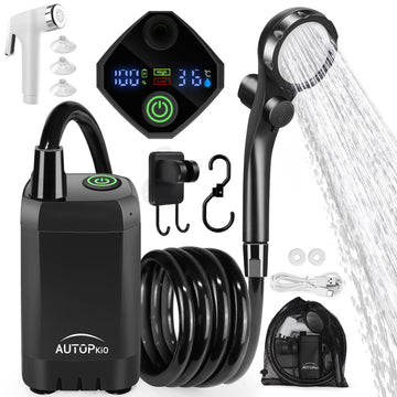 AUTOPkio portable shower shows 6000mAh battery for extended outdoor sessions