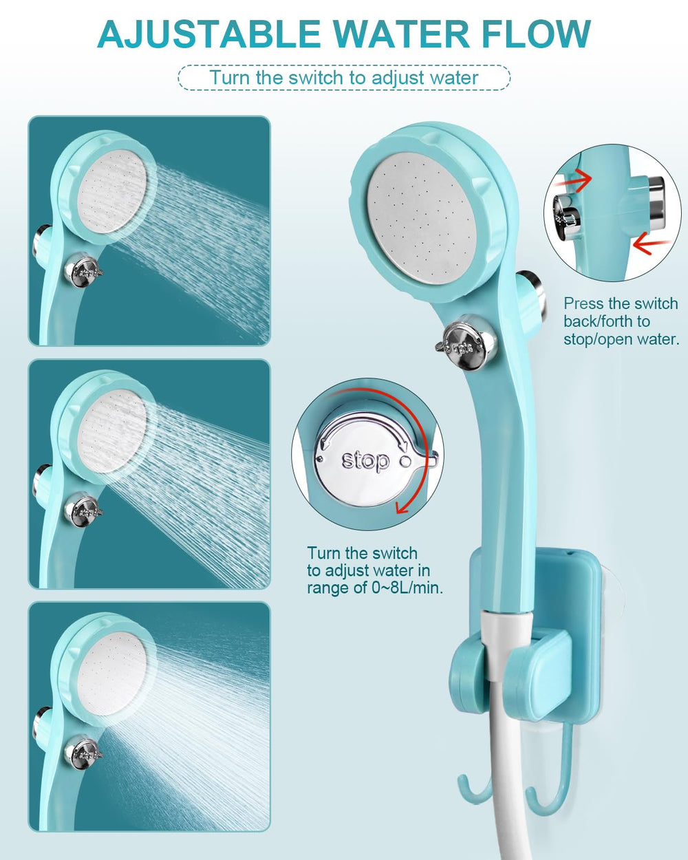 AUTOPkio portable shower holder shows 90-degree adjustment for flexible spray.