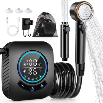 AUTOPkio portable shower main unit shows compact design for easy camping setup and quick rinses.