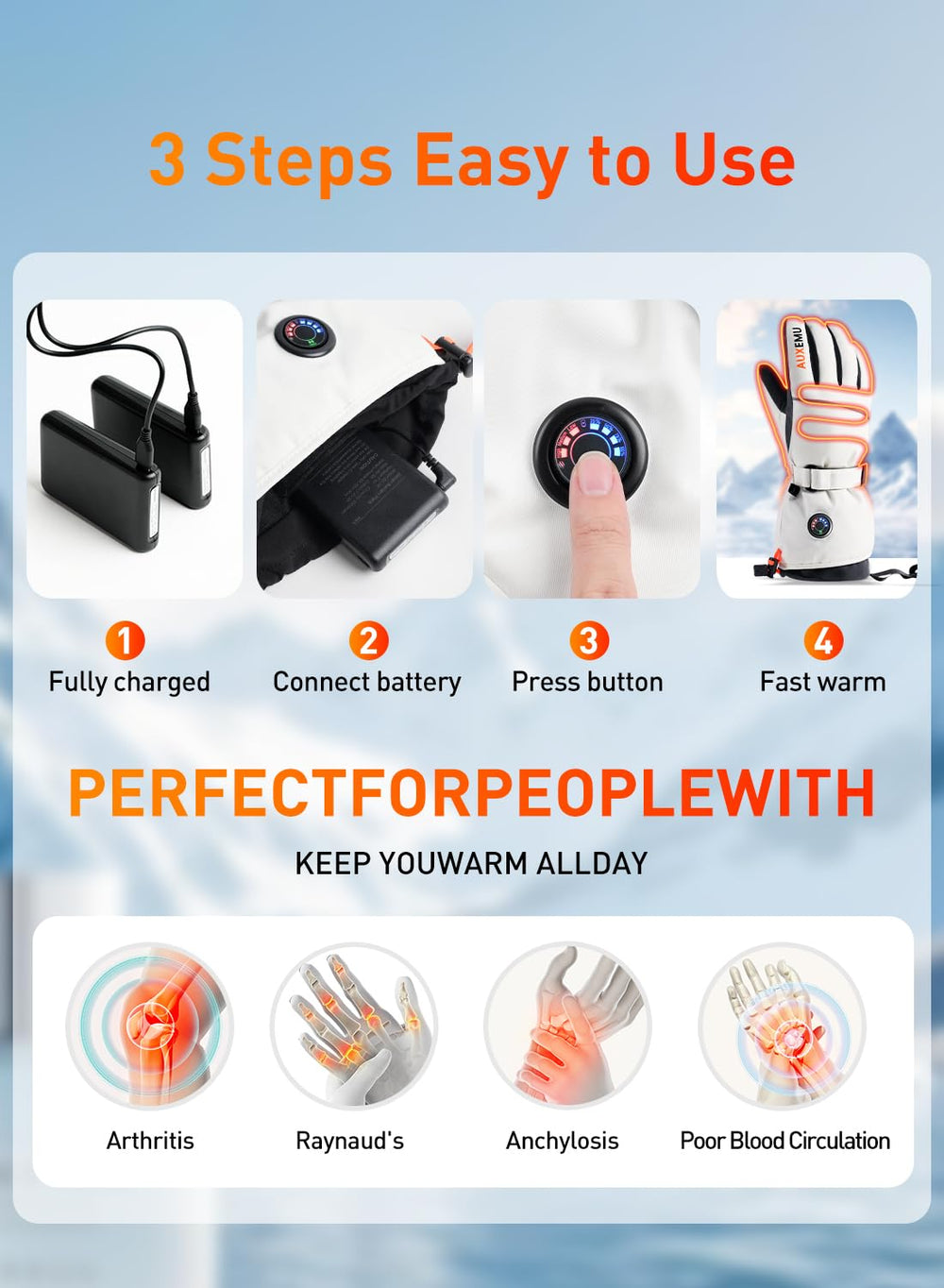Auxemu heated gloves microfiber palm offers better grip and durability