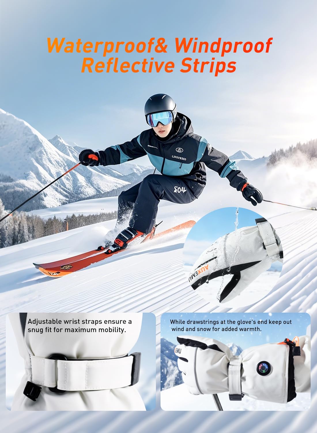 Auxemu heated gloves waterproof materials and reflective strips enhance safety