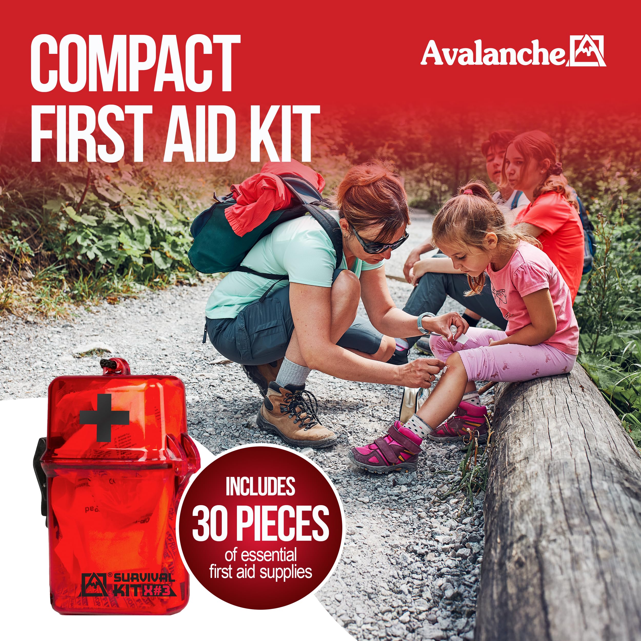 Avalanche first aid kit with aluminum carabiner in rugged case outdoors.