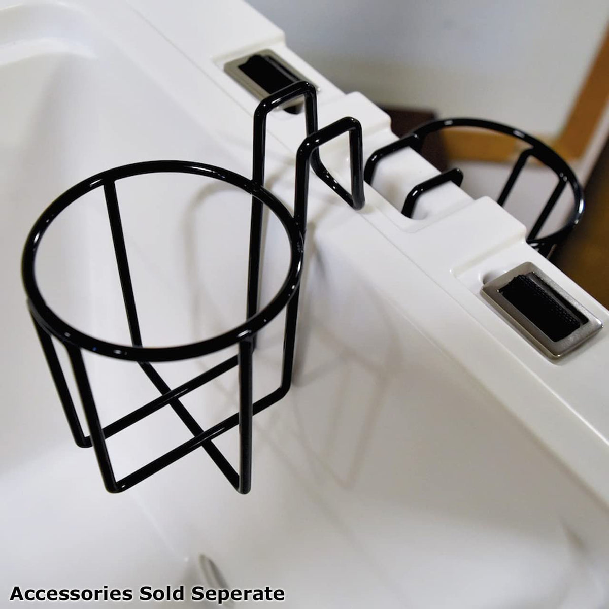 Avenger Wire Cup Holder mounted on 45 Qt cooler keeps beverages within reach.