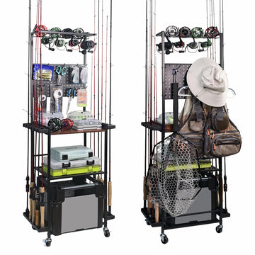 Aventik fishing rod holders in a garage show a sturdy 3-tier rack for organized storage.