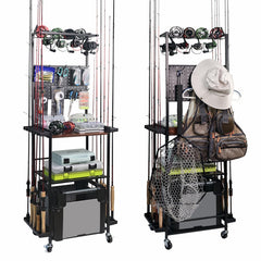 Aventik fishing rod holders in a garage show a sturdy 3-tier rack for organized storage.