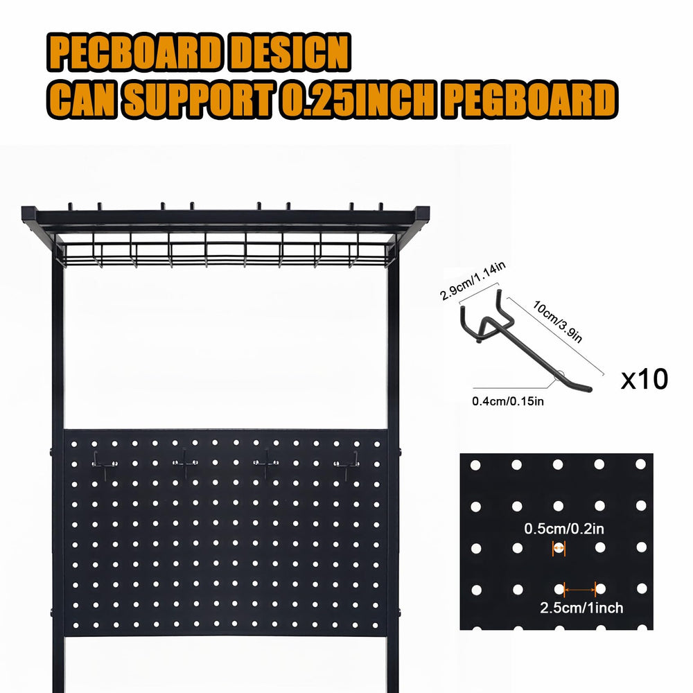 Aventik pegboard with 10 hooks for lures and tools keeps tackle accessible.