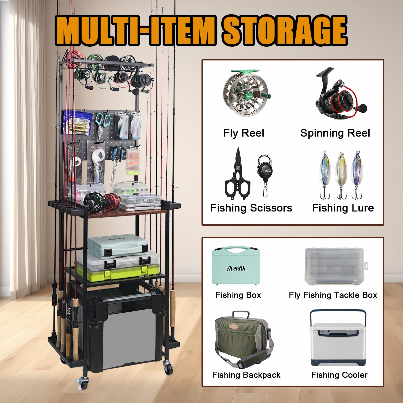 Aventik spacious wood shelves provide room for tackle boxes and backpacks.