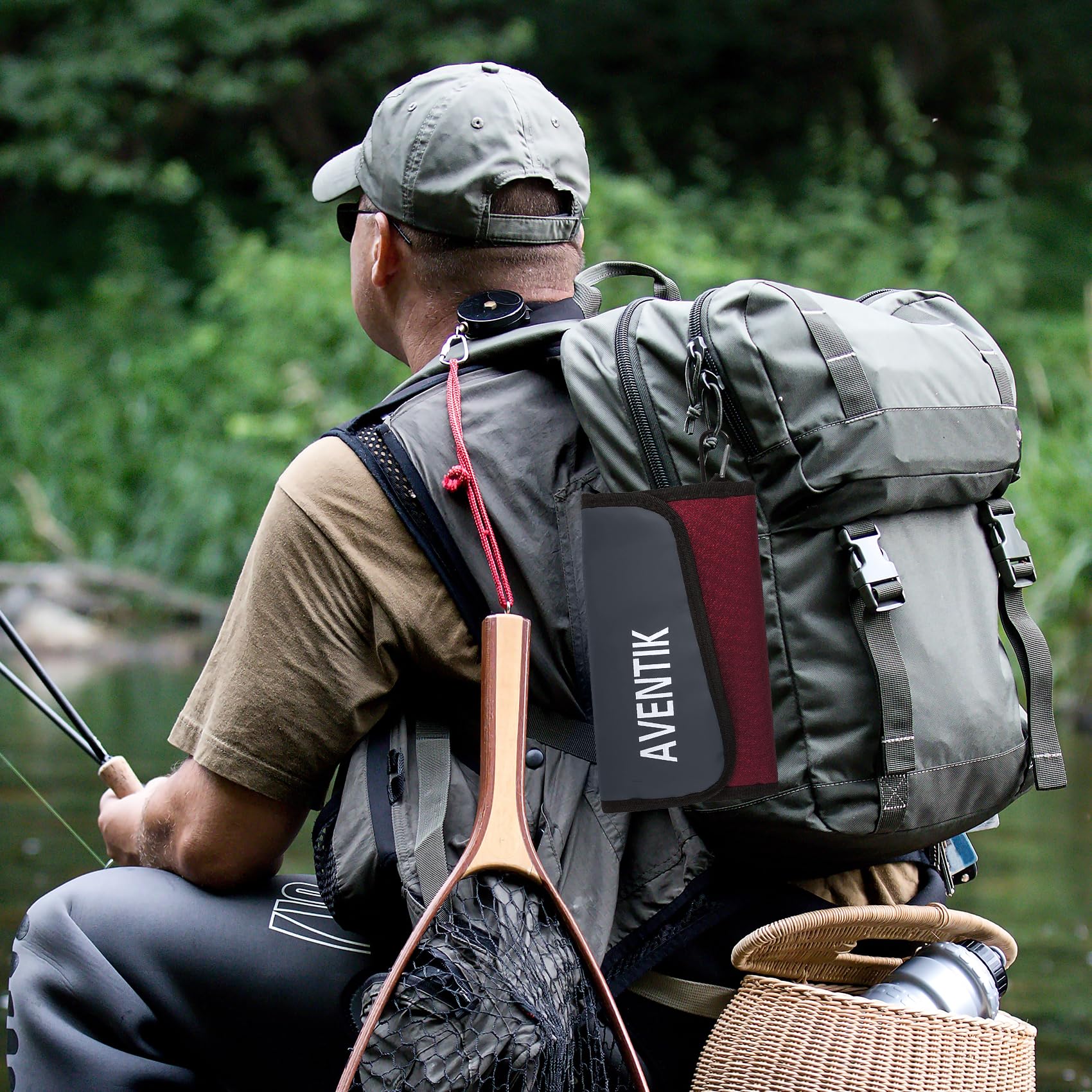 Compact dark red Aventik tackle organizer fits in vest or bag