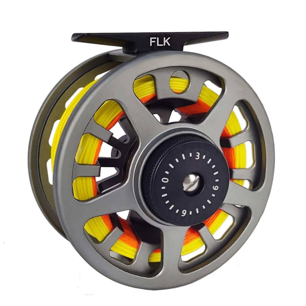 Aventik FLK fly reel gray with line close-up demonstrates smooth line retrieval for trout fishing