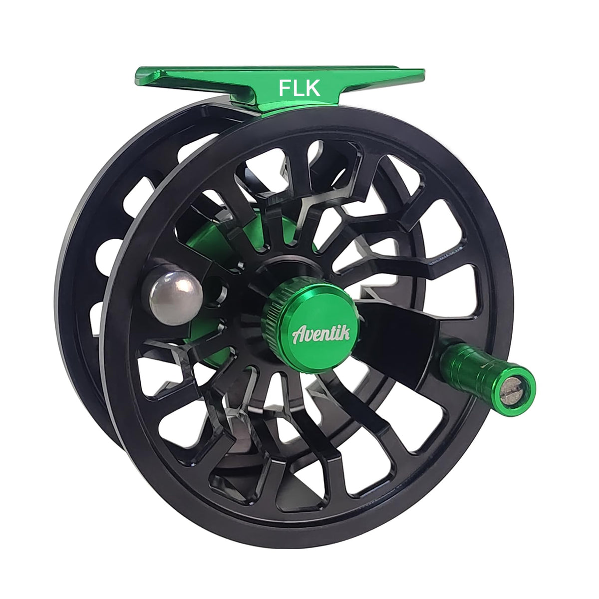Aventik FLK II reel closeup highlights the rugged black finish for durable freshwater use.