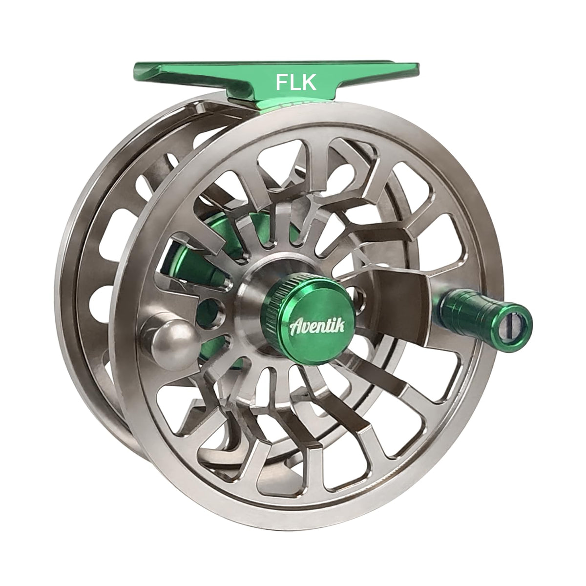 Aventik FLK II reel closeup shows durable aluminum build for freshwater fishing.