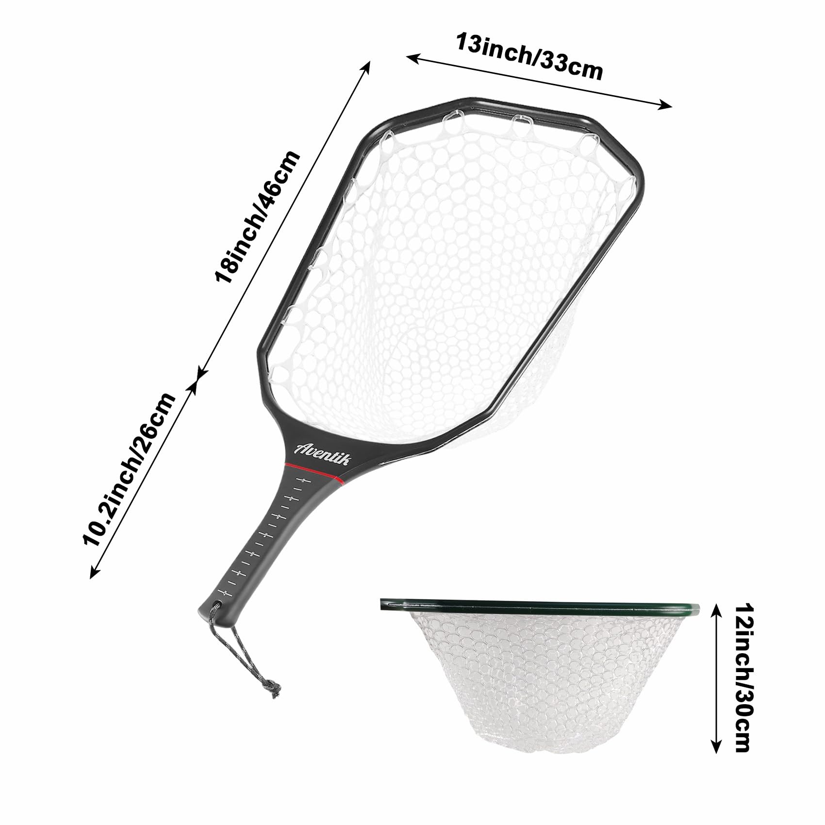 Aventik floating fly fishing net ghost mesh protects fish and reduces snagging during release.
