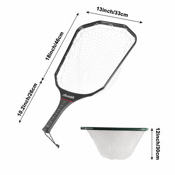 Aventik floating fly fishing net ghost mesh protects fish and reduces snagging during release.