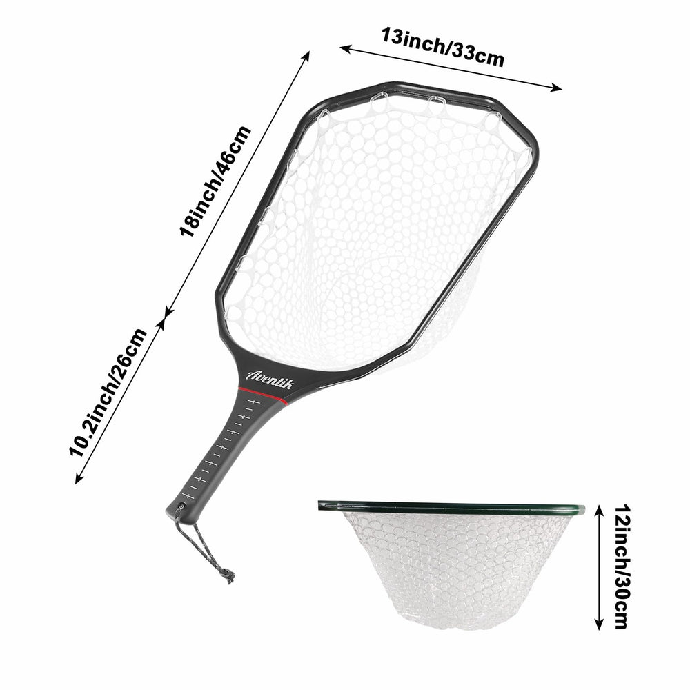 Aventik floating fly fishing net ghost mesh protects fish and reduces snagging during release.