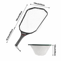 Aventik floating fly fishing net ghost mesh protects fish and reduces snagging during release.