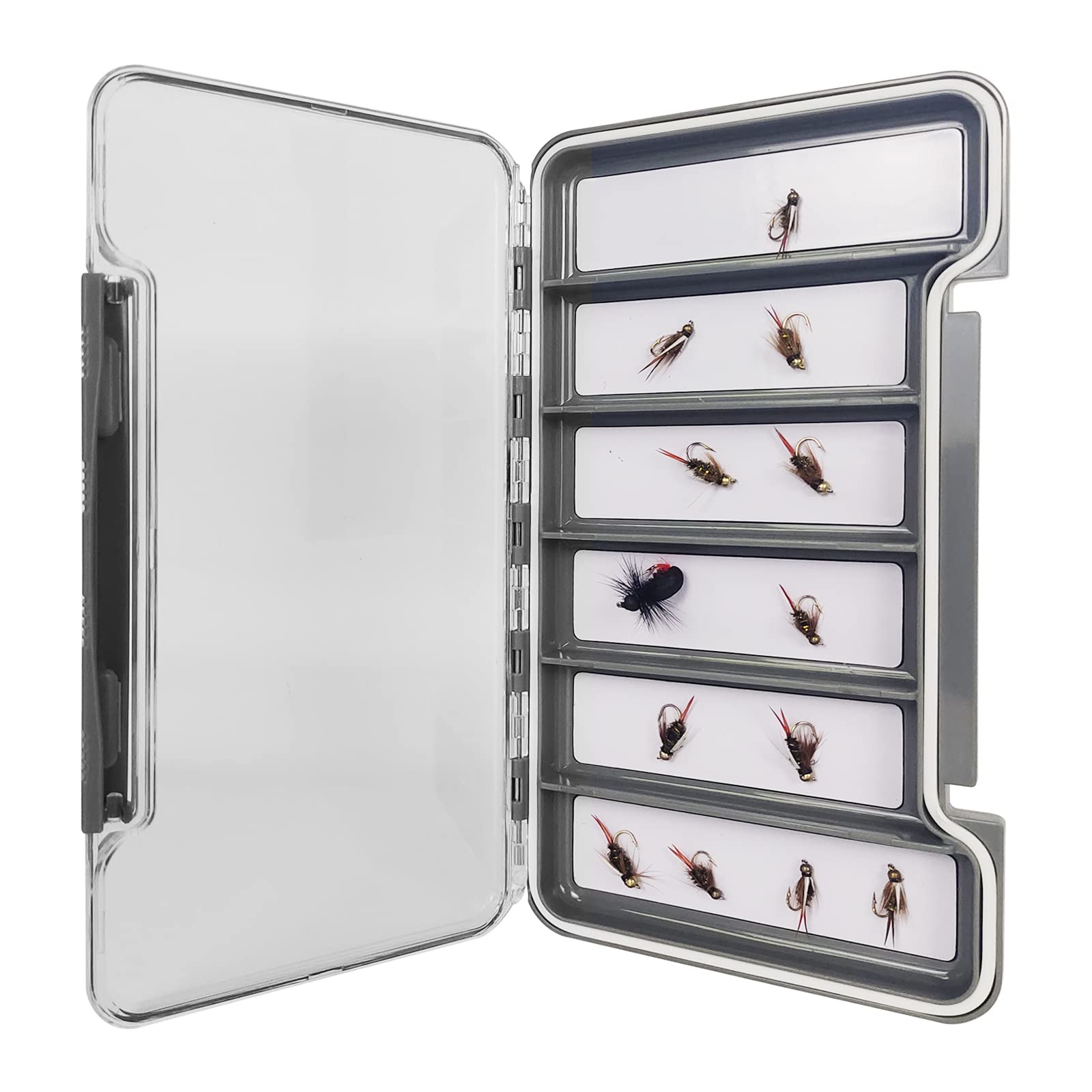 Slim pocket-size fly box measuring 7.36 x 4.02 x 0.63 inches