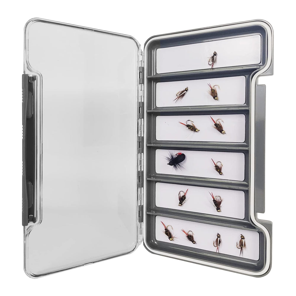 Slim pocket-size fly box measuring 7.36 x 4.02 x 0.63 inches
