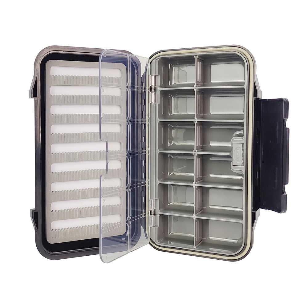 Aventik 12-compartment waterproof fly box with swing leaf lids open
