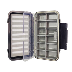 Aventik 12-compartment waterproof fly box with swing leaf lids open