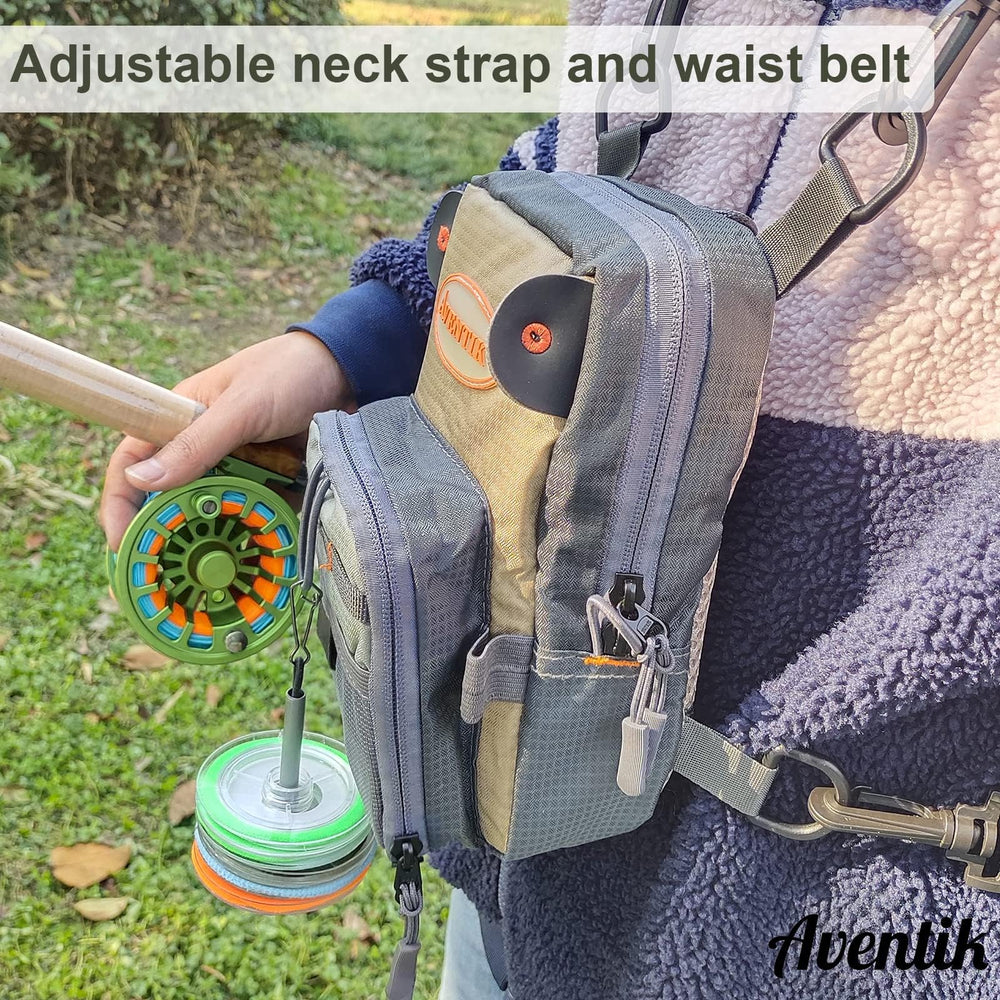 Mesh interior compartment for fly boxes inside Aventik chest bag
