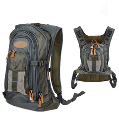 Front view of Aventik fly fishing vest backpack with chest pack
