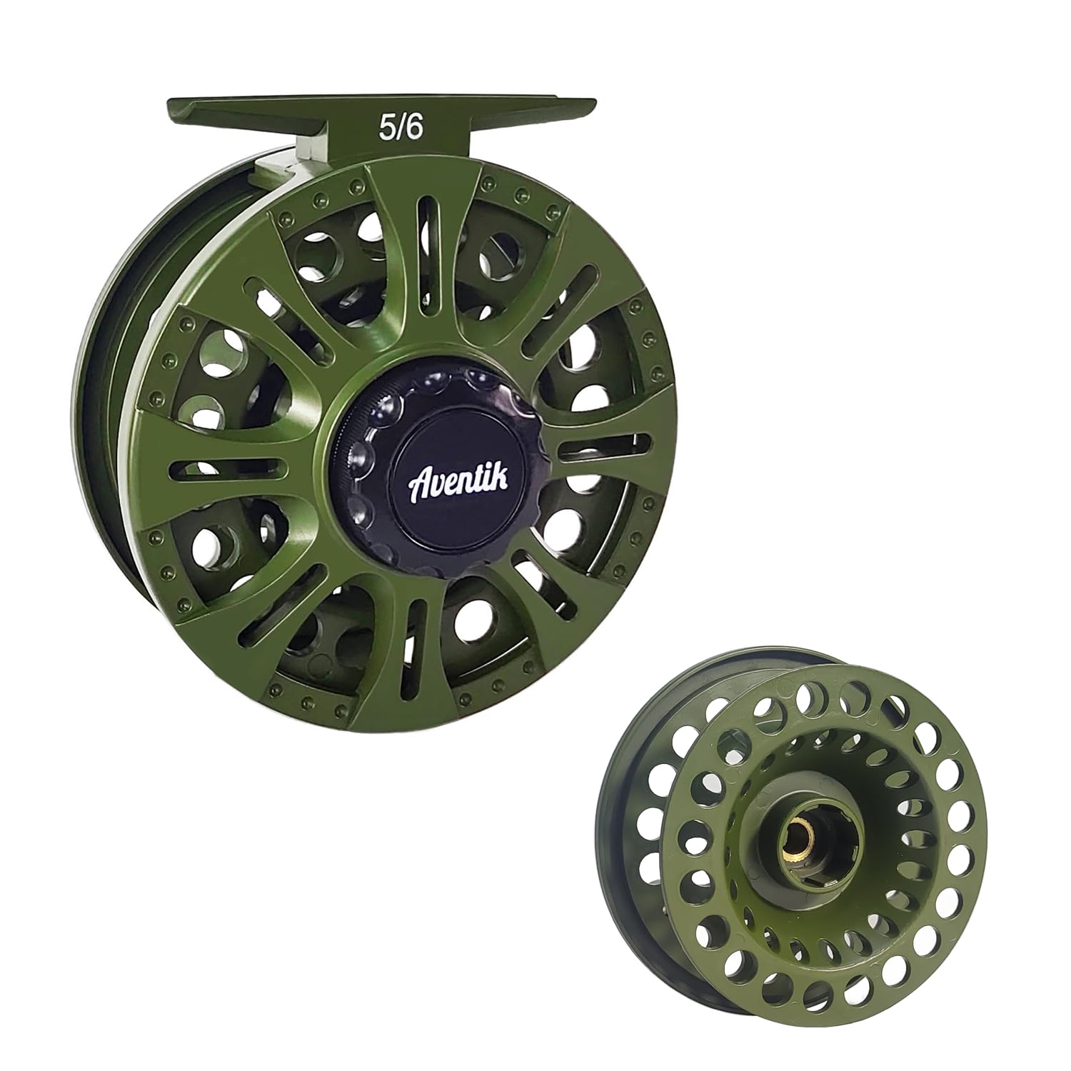 Aventik HVCE graphite fly reel front view showing smooth line control and balance.