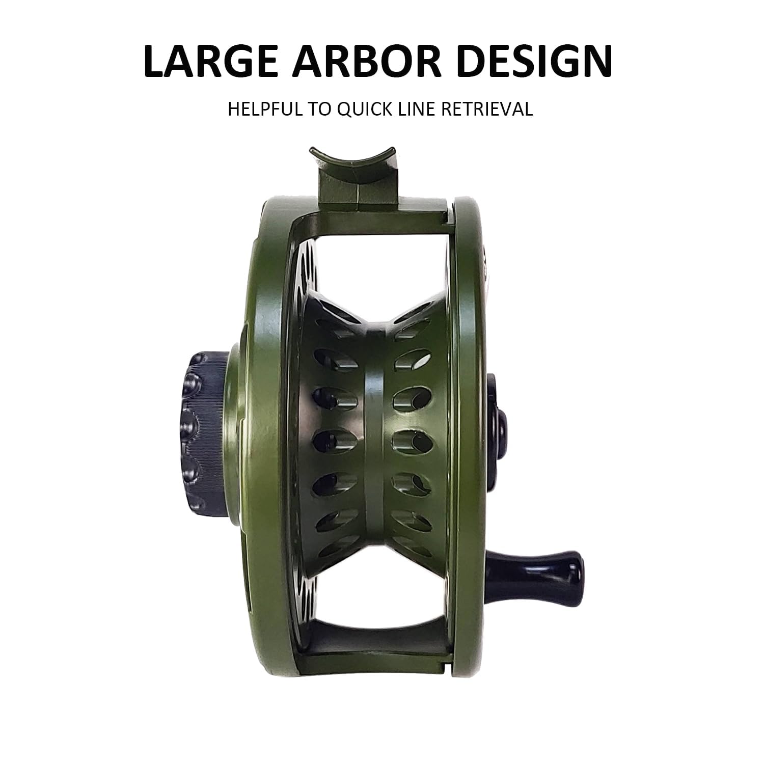 Aventik HVCE graphite fly reel large arbor image illustrating fast retrieves and increased backing.