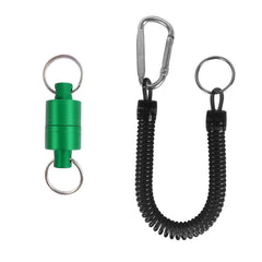 Aventik Magnetic Net Release attached to a green fly fishing lanyard