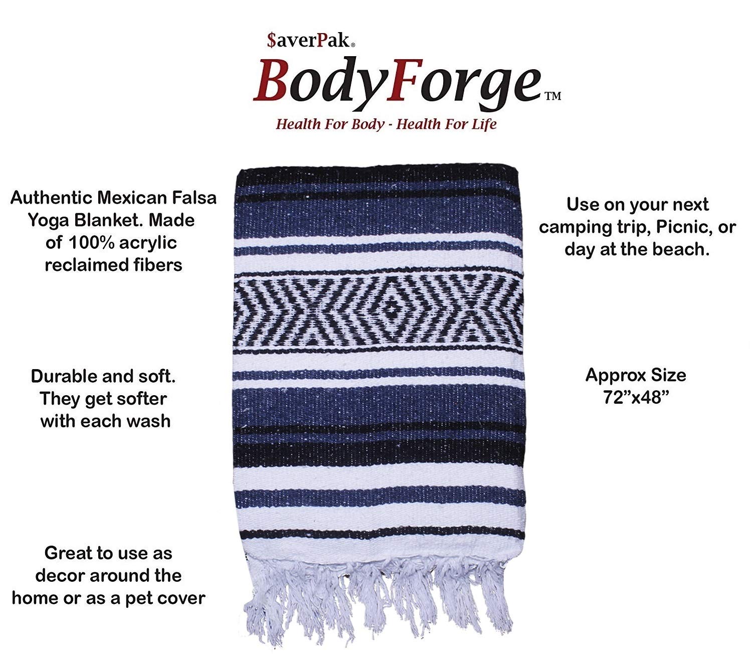 Averpak BodyForge Mexican Falsa Blanket blue, black and white rolled for picnics
