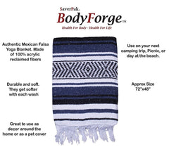 Averpak BodyForge Mexican Falsa Blanket blue, black and white rolled for picnics