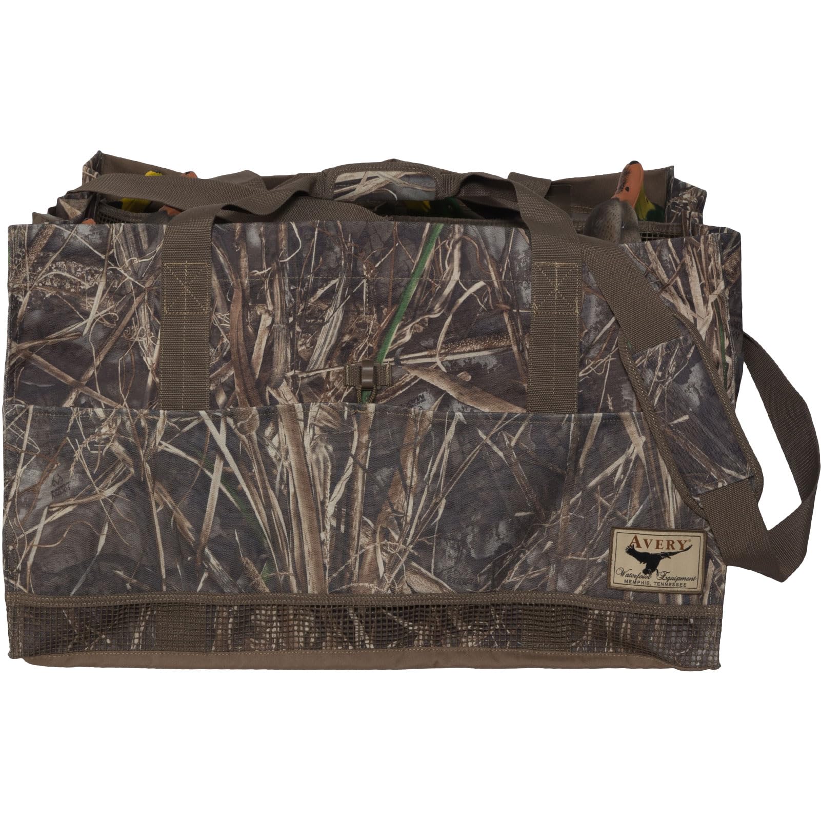 Avery 12-Slot Duck Decoy Bag, side view, durable fabric ready for field use.