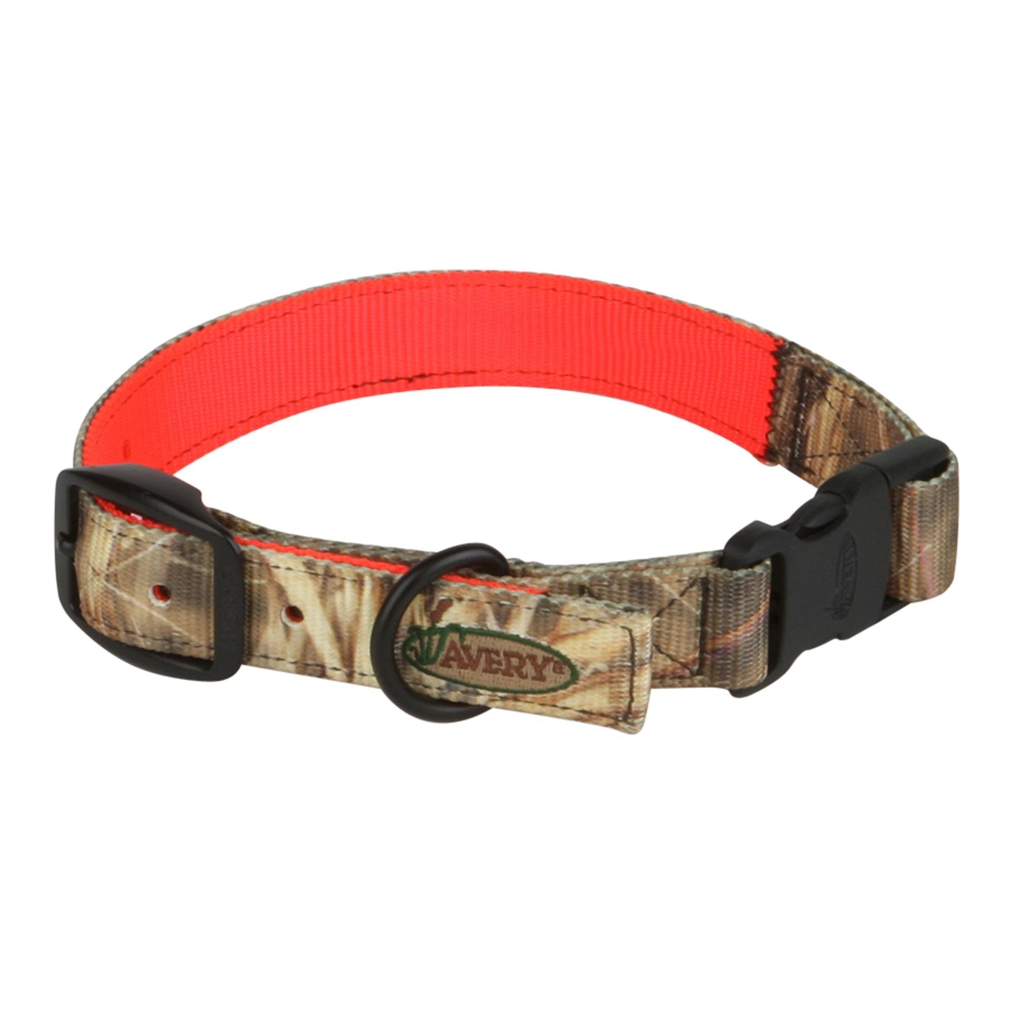 Avery Sporting Dog Reversible Collar in camo and blaze orange, durable and water-resistant for hunting dogs.