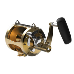Avet EXW50/2RH-GD reel gold body close-up, showing durable marine-grade construction.