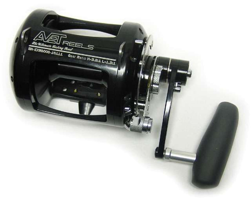 Avet Pro EXW 50/2 reel, right hand, rear view showing dual-speed mechanism and build quality