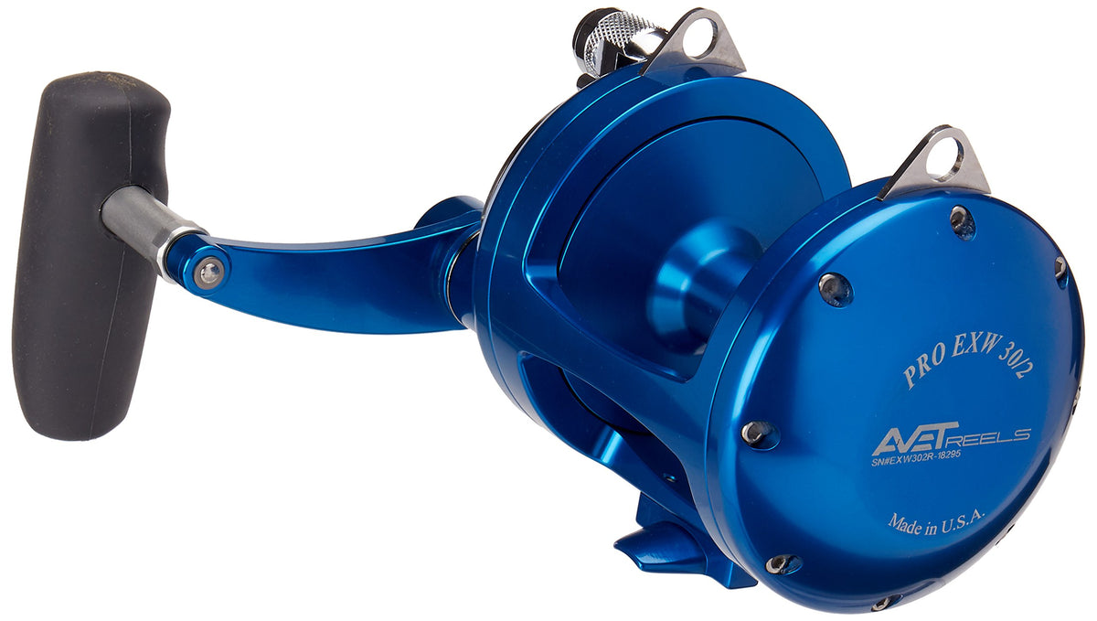 Avet Reels 2-Speed right-hand blue reel close-up, showcasing rugged casting performance