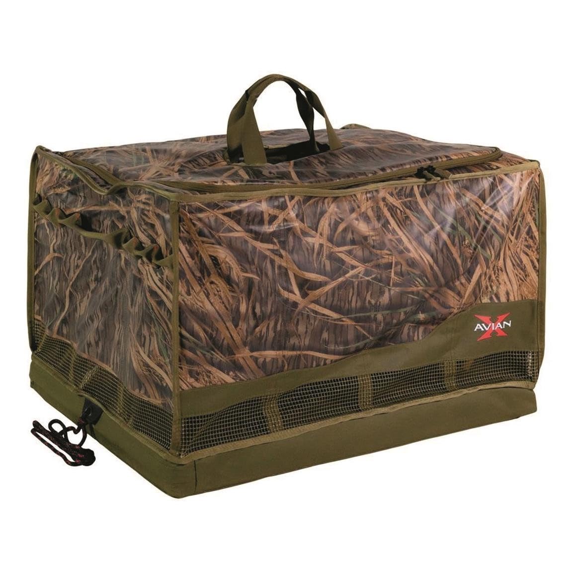 Avian-X floating slotted duck decoy bag with lid open for fast access