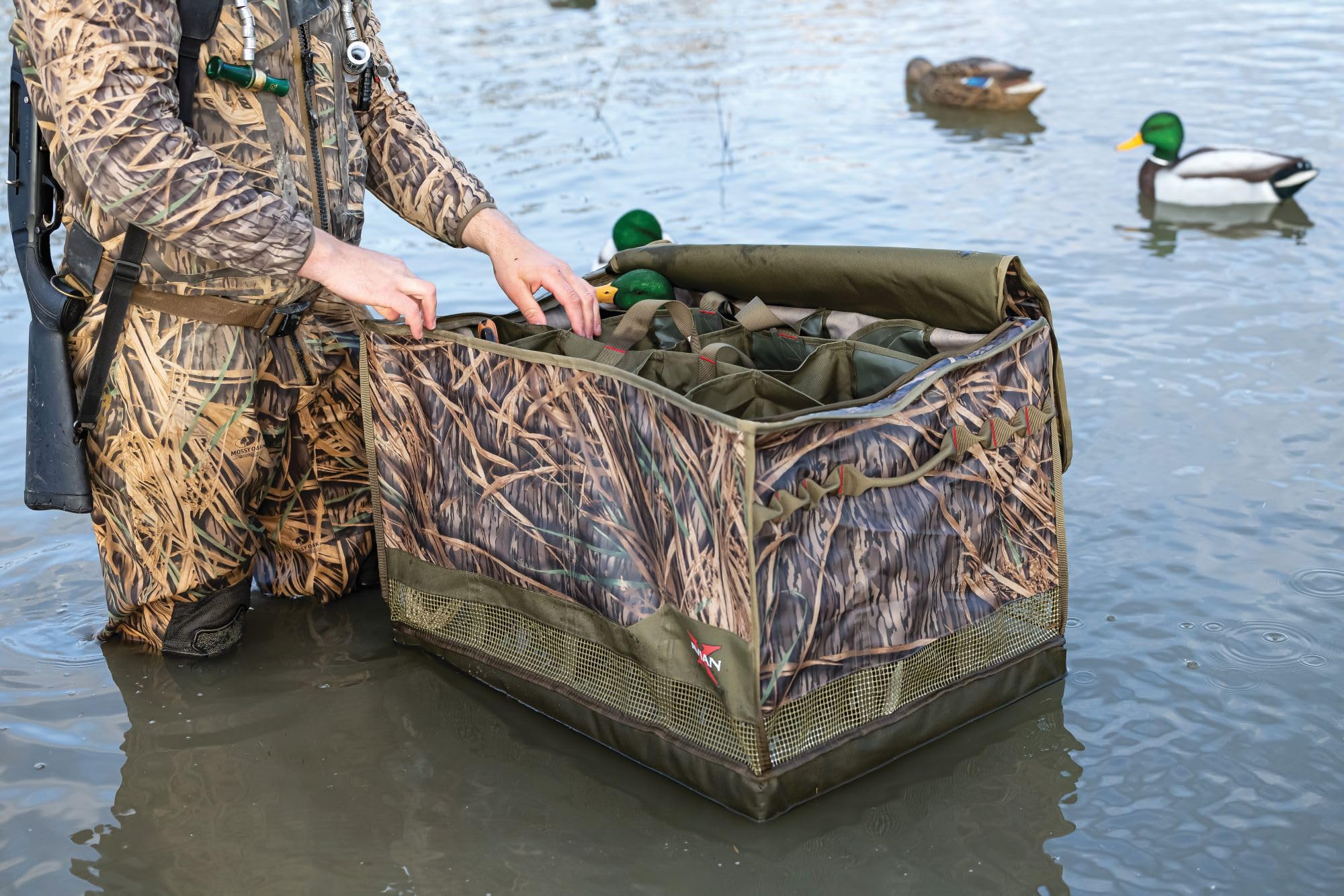 Avian-X decoy bag loading decoys while floating to prevent sinking