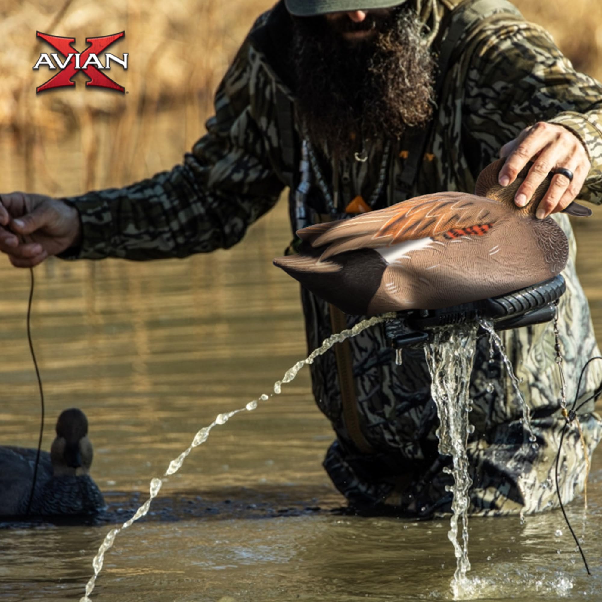 Gadwall Drake decoy moving with water for lifelike positioning in spreads.