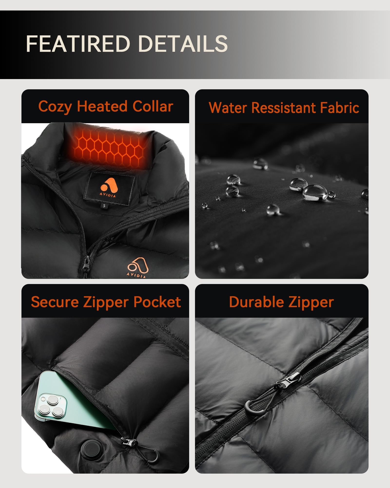 AVIDIA heated vest USB charging port lets you power a phone on the go