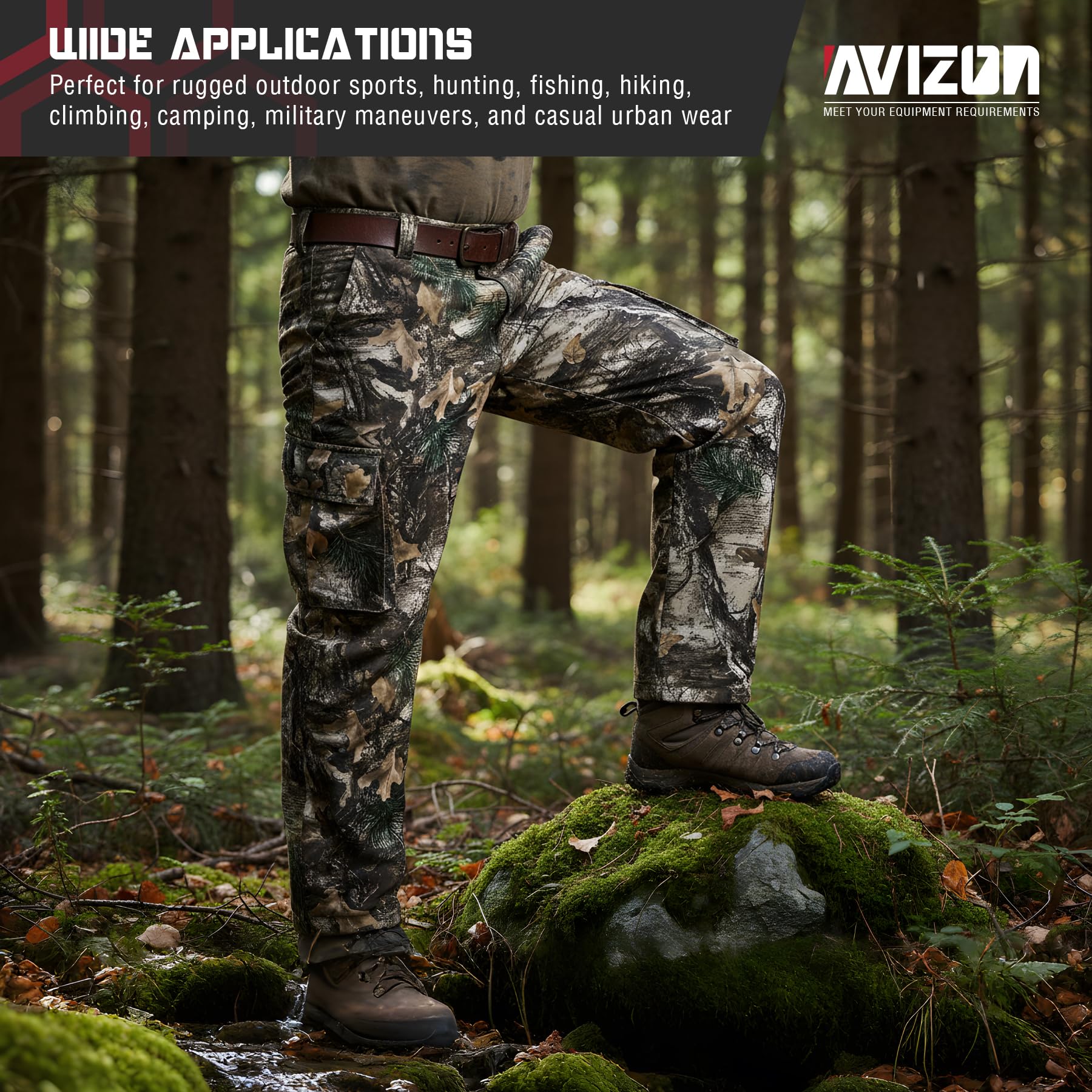 Avizon dense-woods camo helps blend into woodlands during deer or turkey hunts
