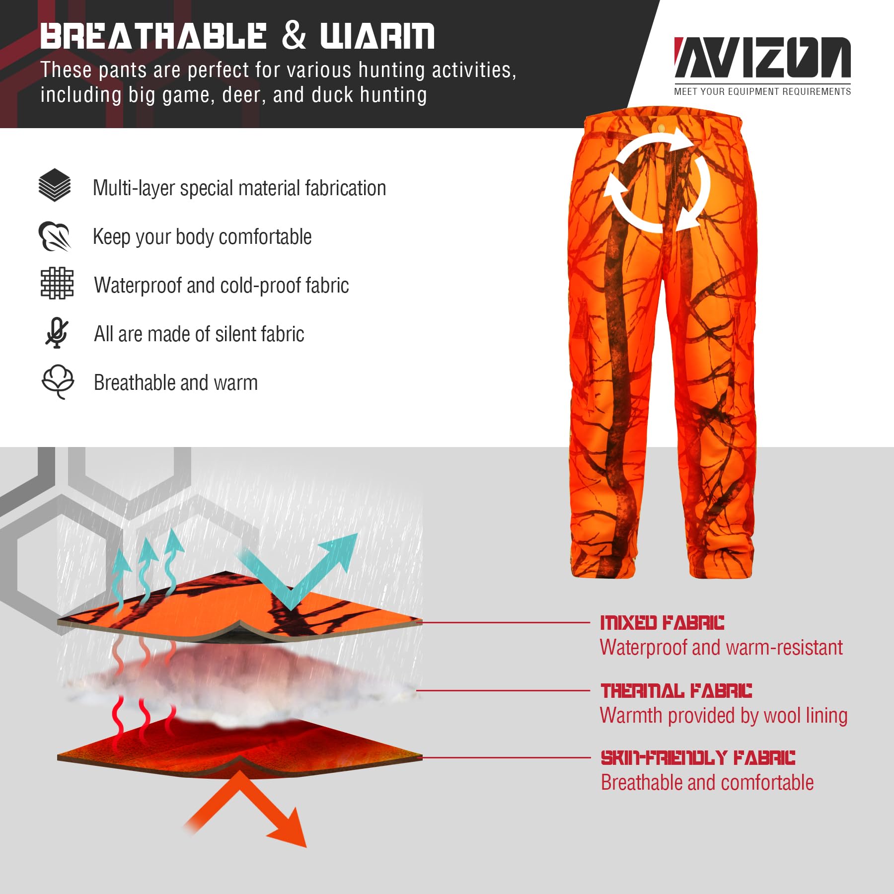 Avizon blaze-orange camouflage pants enhance team visibility during deer and turkey hunts.