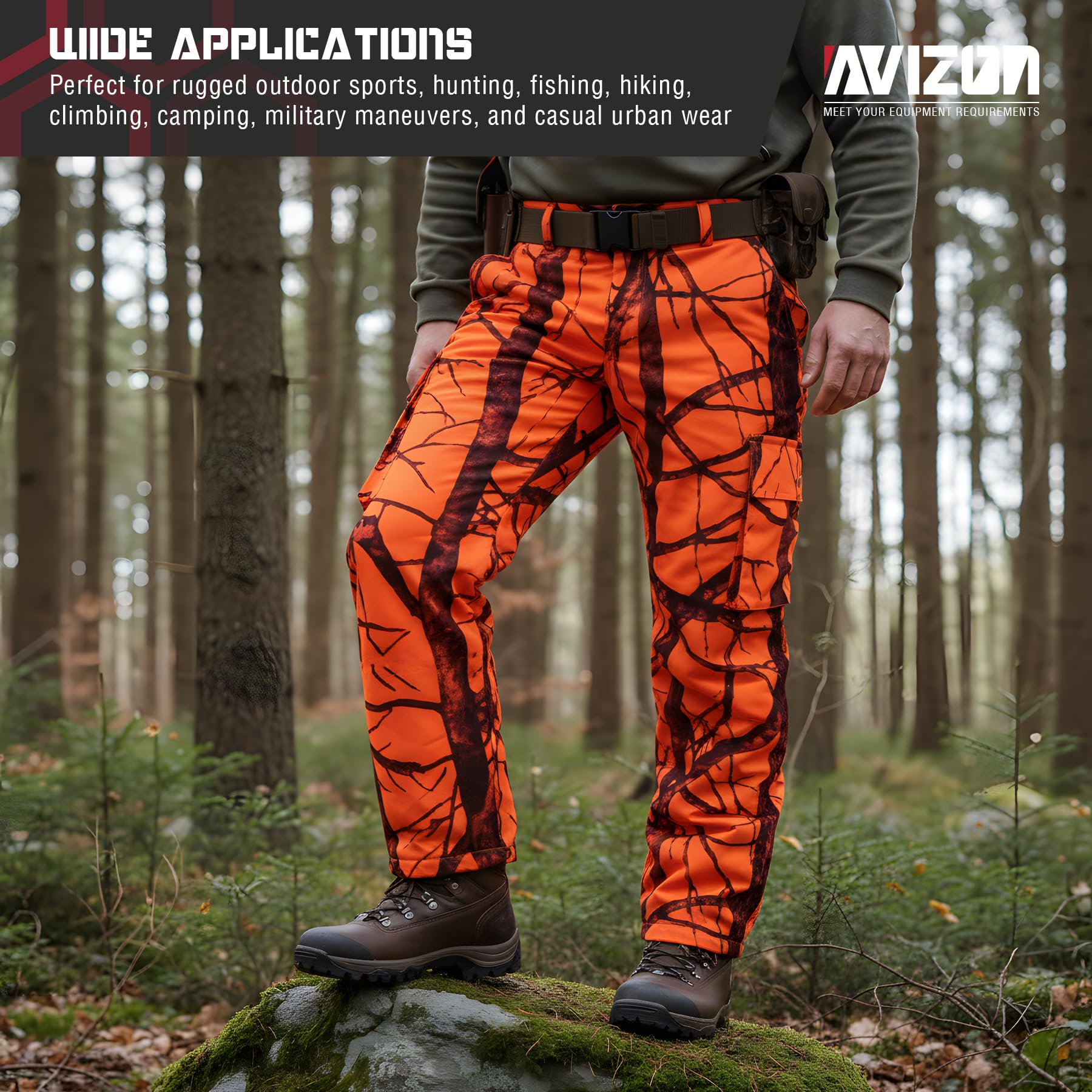 Avizon orange camo pants suit deer and turkey hunts in dense cover.