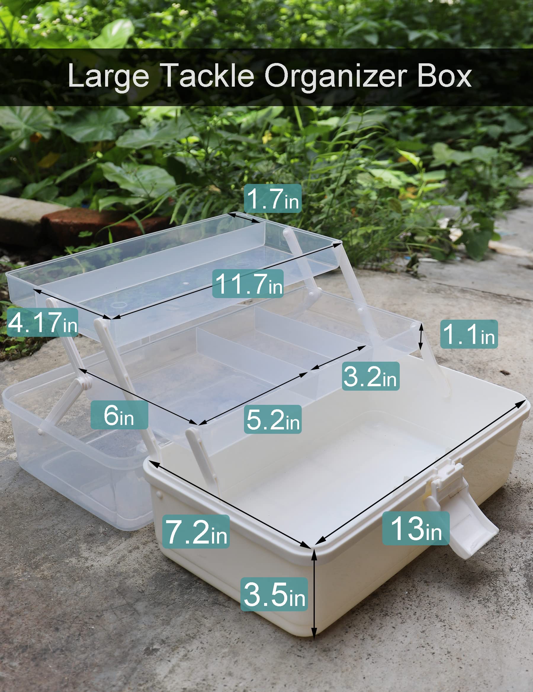 Open two-tray design showing compartments and clear lid