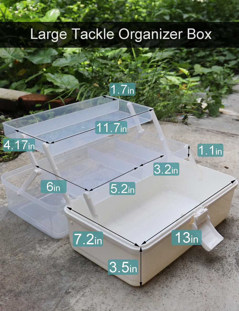 Open two-tray design showing compartments and clear lid