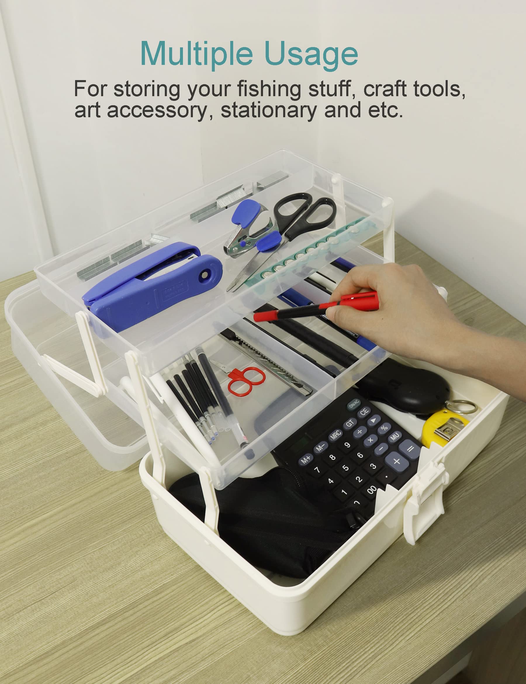 Sturdy white plastic tackle box with latch and handle
